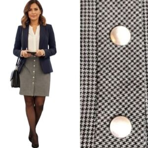 LOFT Grey Black Houndstooth Button Front Lined Straight Skirt Size 12